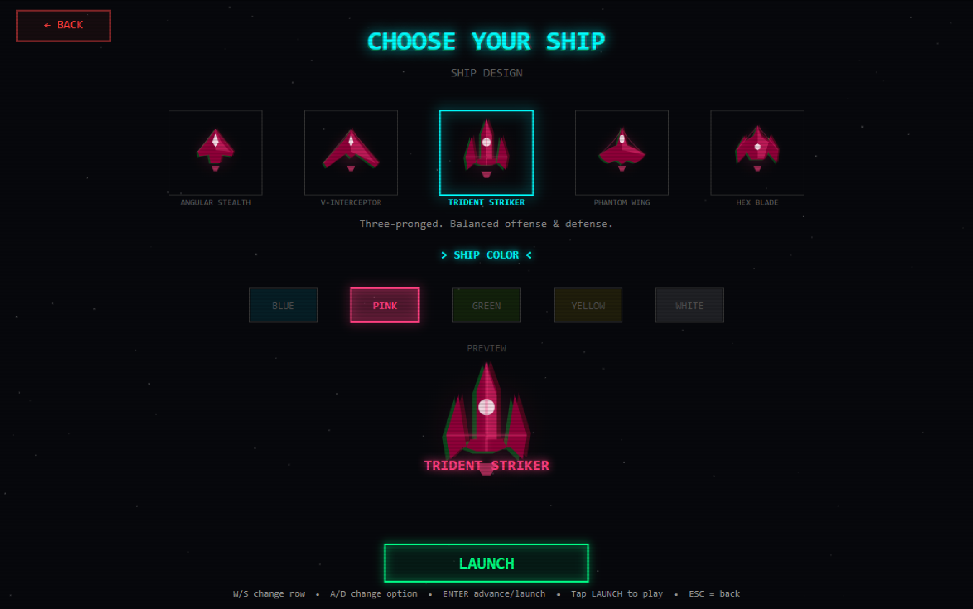 Ship selection screen with five hull designs and five colours